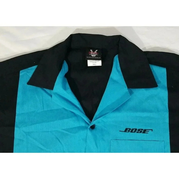 Bose Employee Hilton Bowling Shirt Short Sleeve Button Front Blue Black Mens S - Picture 3 of 4